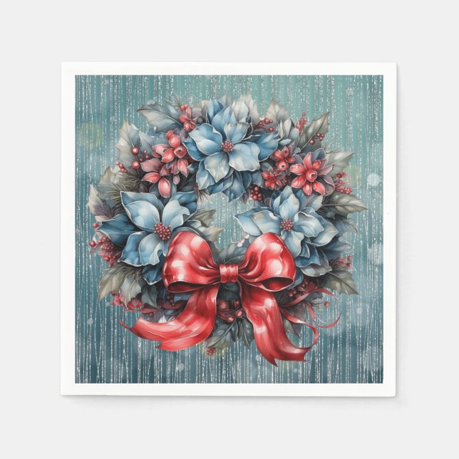 Blue and Red Sparkly Wreath Ribbon Napkin (Front)