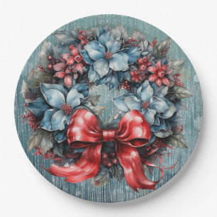 Blue and Red Sparkly Wreath Ribbon Paper Plate