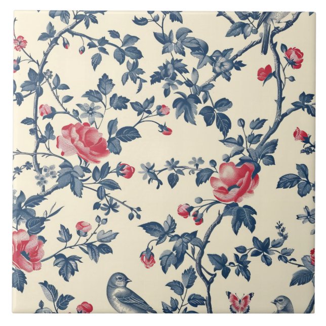 Blue and Red Toile de Jouy floral Tile (Front)