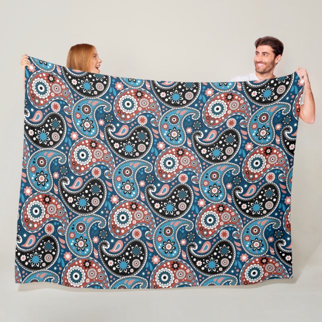 Blue and Red Traditional Paisley Print Pattern Fleece Blanket (In Situ)