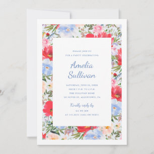 Blue and Red Watercolor Floral Party Invitation
