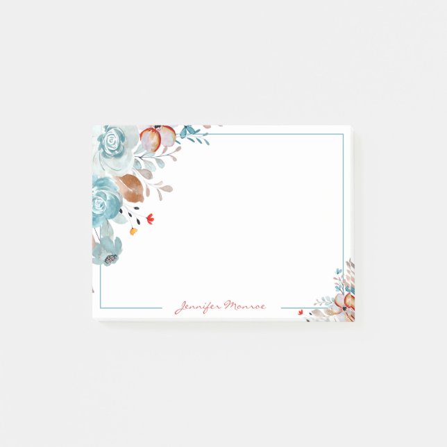 Blue and red watercolor flowers personalized post-it notes (Front)