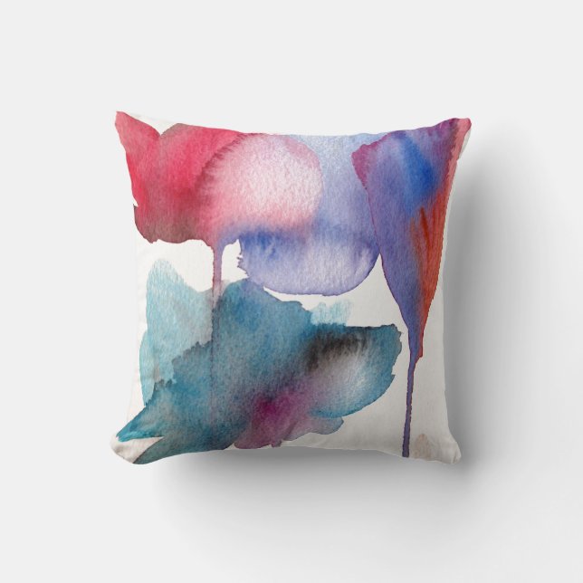 Blue and red watercolour floral large flowers throw pillow (Front)