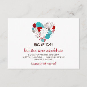 Blue and Red Whimsical Floral Heart Reception Card
