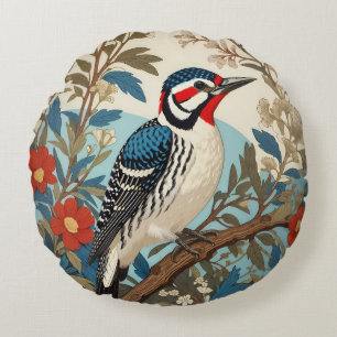 Blue And Red Woodpecker Nature Inspired Bird Round Pillow