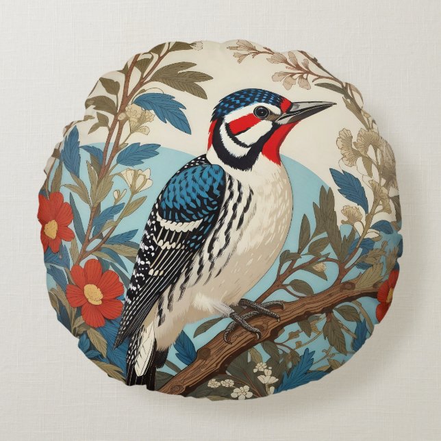 Blue And Red Woodpecker Nature Inspired Bird Round Pillow (Front)