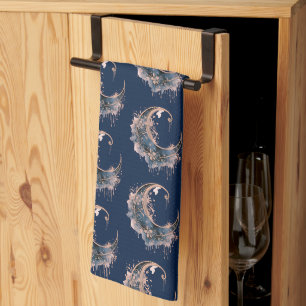 Blue and Rose Gold Crescent Moon Pattern Halloween Kitchen Towel