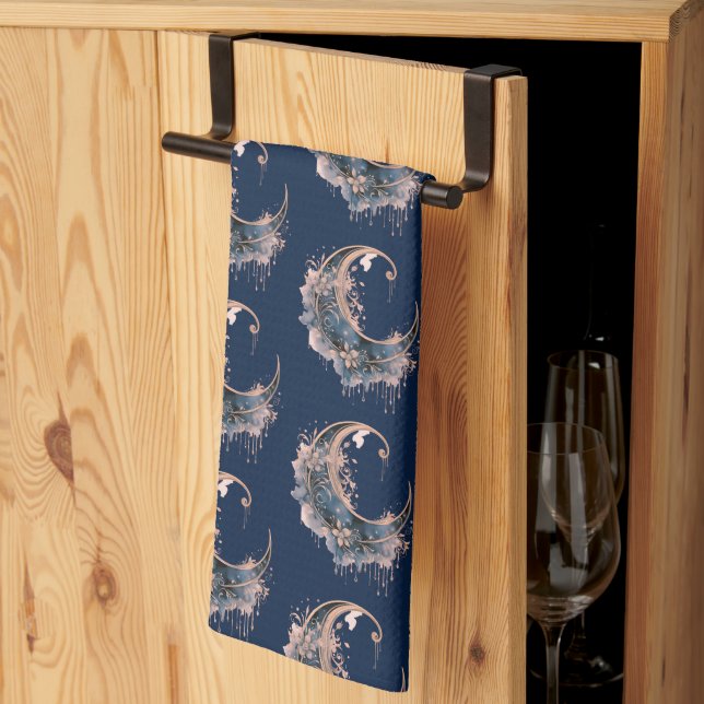 Blue and Rose Gold Crescent Moon Pattern Halloween Kitchen Towel (Thirds Fold)