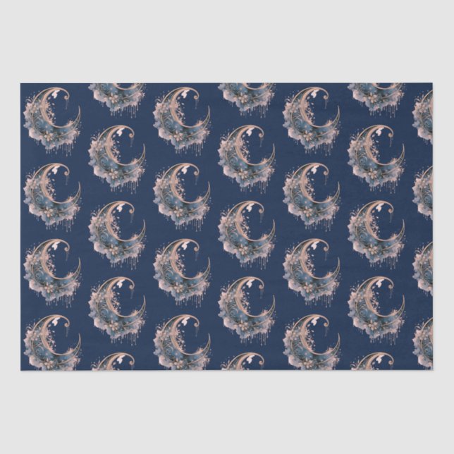 Blue and Rose Gold Crescent Moon Pattern Halloween Tissue Paper (Front)