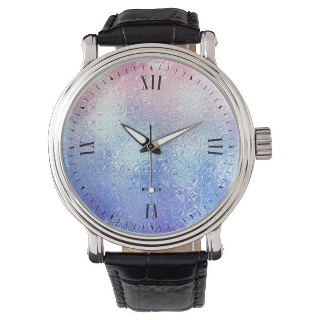 Blue and rose-gold iridescent glass ombre watch (Front)