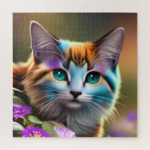 blue and rust calico cat and flowers   jigsaw puzzle