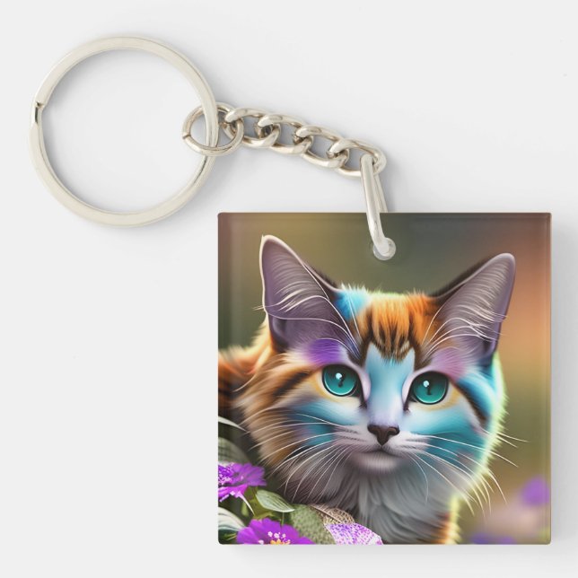 blue and rust calico cat and flowers keychain (Front)