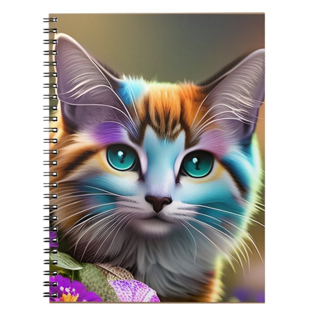 blue and rust calico cat and flowers  notebook (Front)