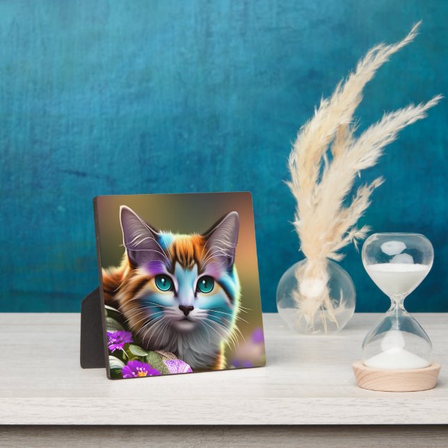 blue and rust calico cat and flowers  plaque (Insitu)