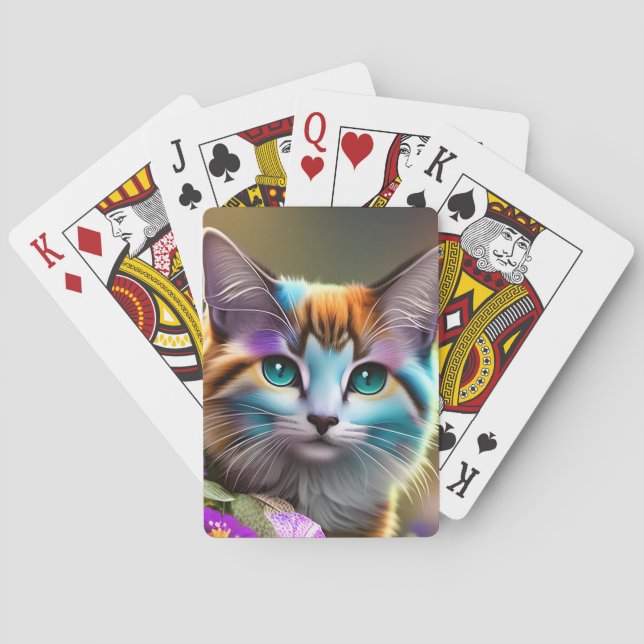 blue and rust calico cat and flowers playing cards (Back)