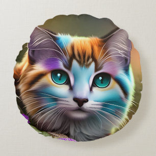 blue and rust calico cat and flowers round pillow