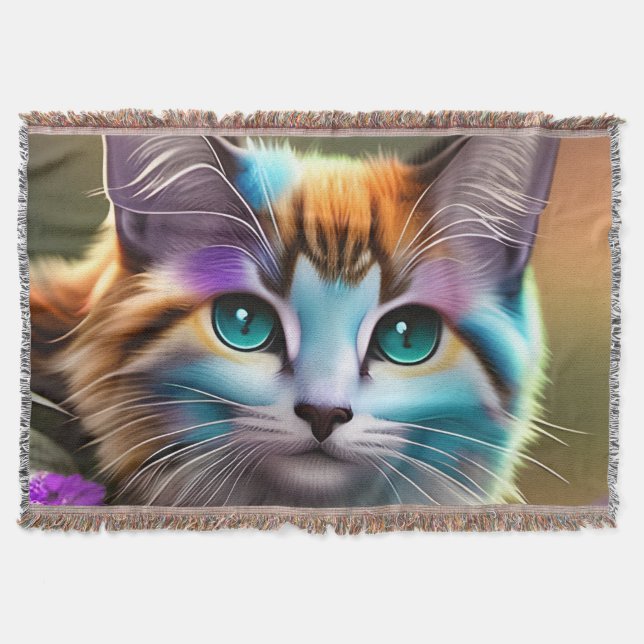blue and rust calico cat and flowers   throw blanket (Front)