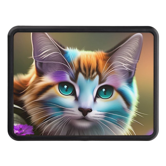 blue and rust calico cat and flowers  trailer hitch cover (Front)
