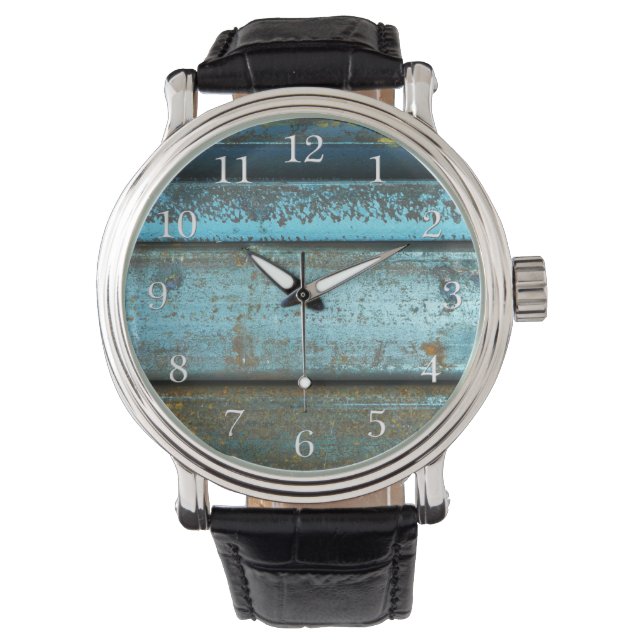 Blue and rust rugged weathered rusted metal watch (Front)