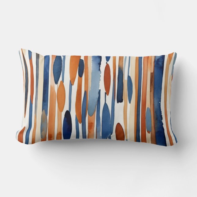 Blue and rusty orange abstract stripes lumbar pillow (Front)