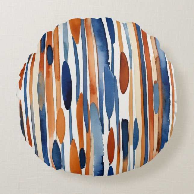 Blue and rusty orange abstract stripes round pillow (Front)