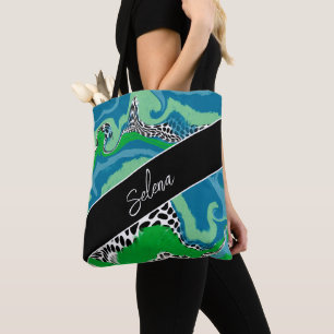 Blue and Sage Green Fluid Art Personalized Tote Bag
