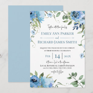 Blue and Sage Watercolor Floral Wedding Invitation