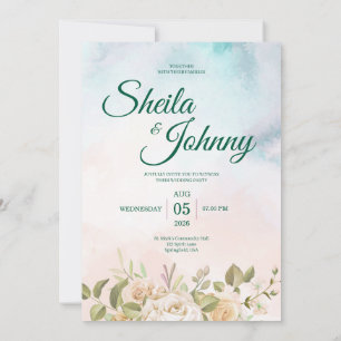 Blue and Salmon Pastel Elegance Wedding Invitation