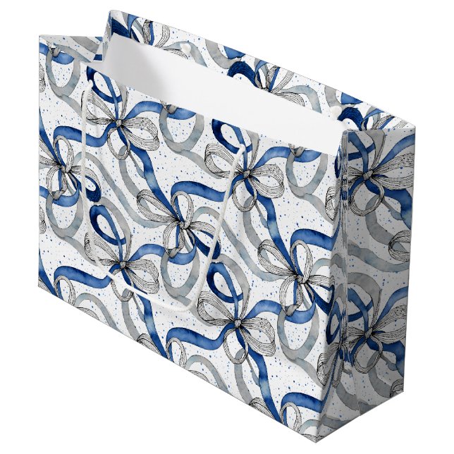 Blue and Silver Abstract Ribbons Large Gift Bag (Front Angled)