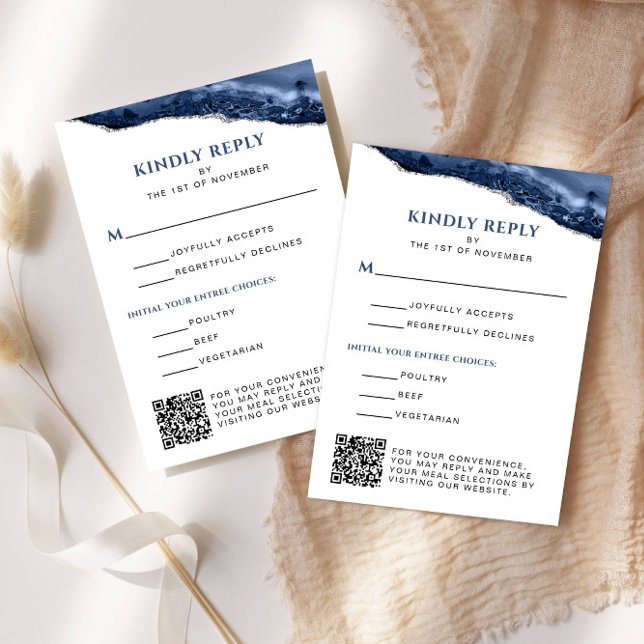 Blue and Silver Agate Bar Mitzvah QR Code Vertical RSVP Card (Blue and Silver Agate Vertical Reply Card)
