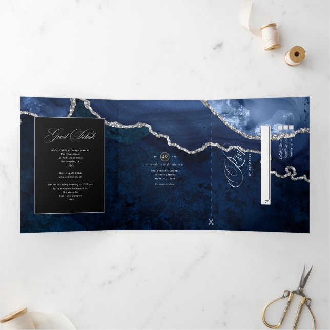 Blue and Silver Agate Wedding Tri-Fold Invitation (Inside)