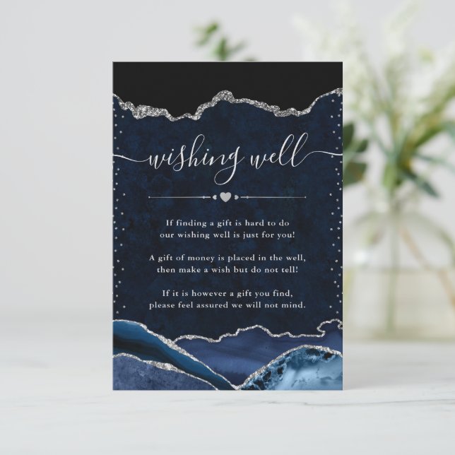 Blue and Silver Agate Wedding Wishing Well Enclosure Card (Standing Front)
