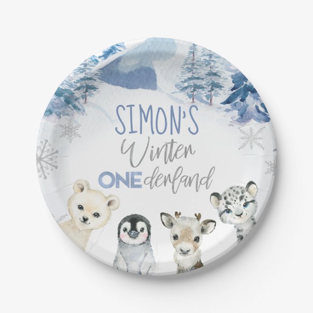 Blue and Silver Arctic Winter Onederland Birthday  Paper Plate (Front)