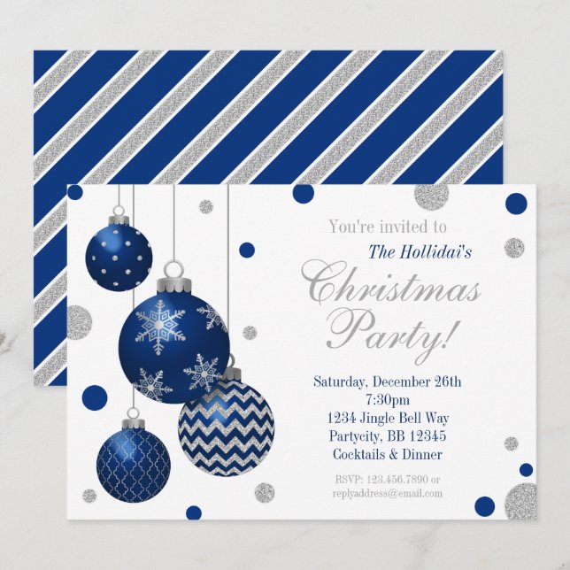 Blue and Silver Baubles Christmas Party Invitation (Front/Back)