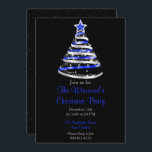 Blue and Silver Christmas Tree Invitation<br><div class="desc">A blue and silver christmas tree on a black background. The back of the invite is black with snow pattern</div>