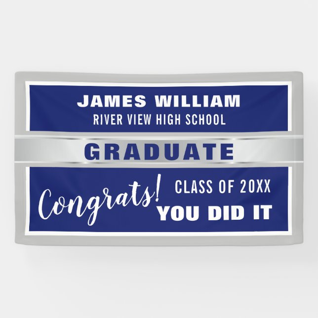 Blue and Silver Congrats Class of 20XX  Graduation Banner (Horizontal)