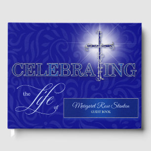 Blue and Silver Cross Celebration of Life Photo Guest Book