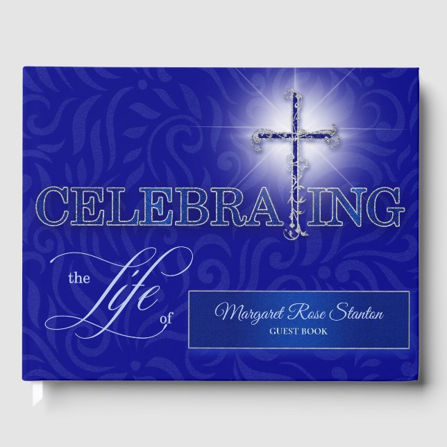 Blue and Silver Cross Celebration of Life Photo Guest Book (Front)