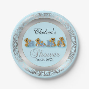 Blue and Silver Damask with Teddy Bears Paper Plate