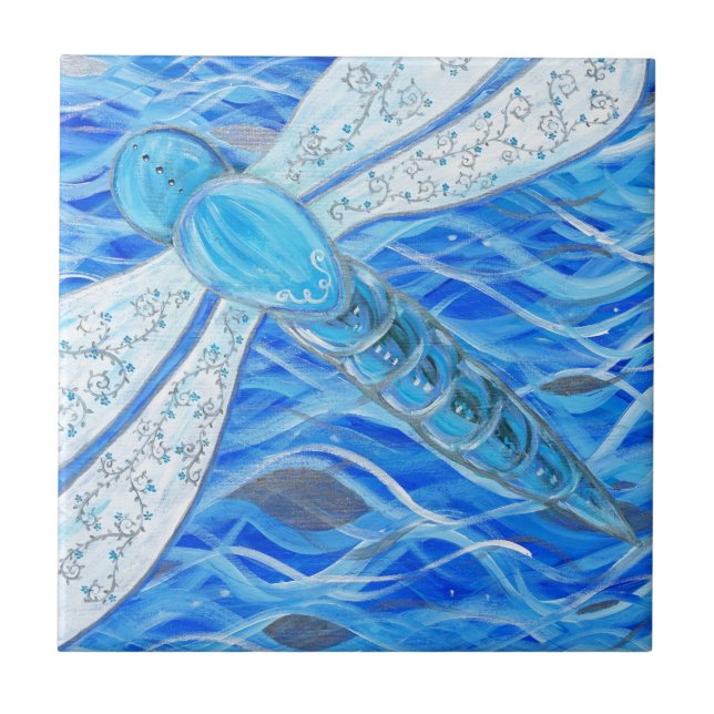Blue and Silver Dragonfly Painting Tile (Front)