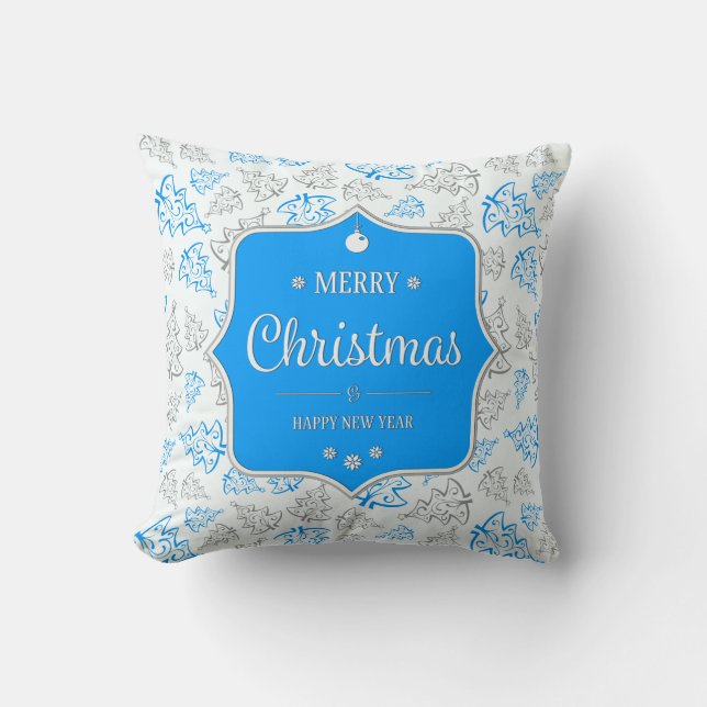 Blue and Silver Elegant Christmas Trees Pattern Throw Pillow (Front)