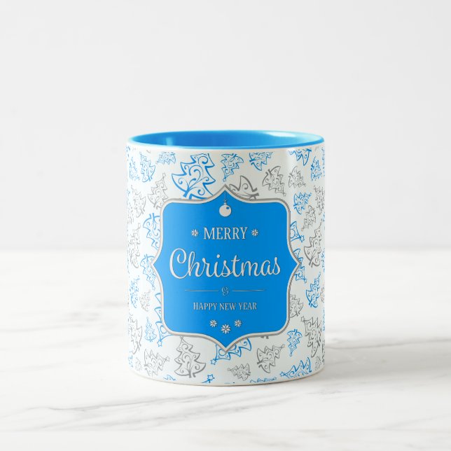 Blue and Silver Elegant Christmas Trees Pattern Two-Tone Coffee Mug (Center)
