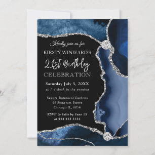 Blue and Silver Faux Glitter Agate Birthday Invitation
