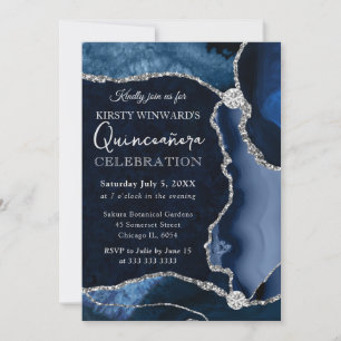 Blue and Silver Faux Glitter Agate Quinceanera Invitation