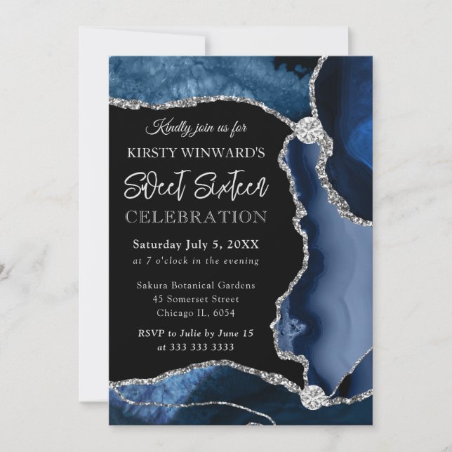 Blue and Silver Faux Glitter Agate Sweet 16 Invitation (Front)