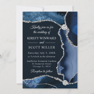 Blue and Silver Faux Glitter Agate Wedding Invitation