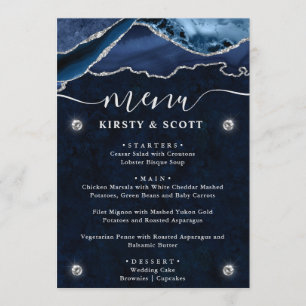 Blue and Silver Faux Glitter Agate Wedding Menu