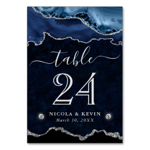Blue and Silver Faux Glitter Agate Wedding Table Number
