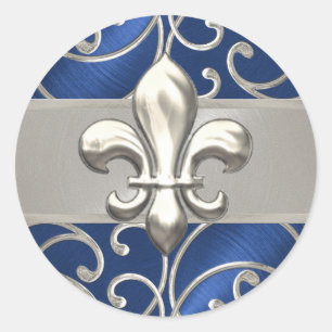 Blue and Silver Filigree Swirls Fleur de Lis Classic Round Sticker