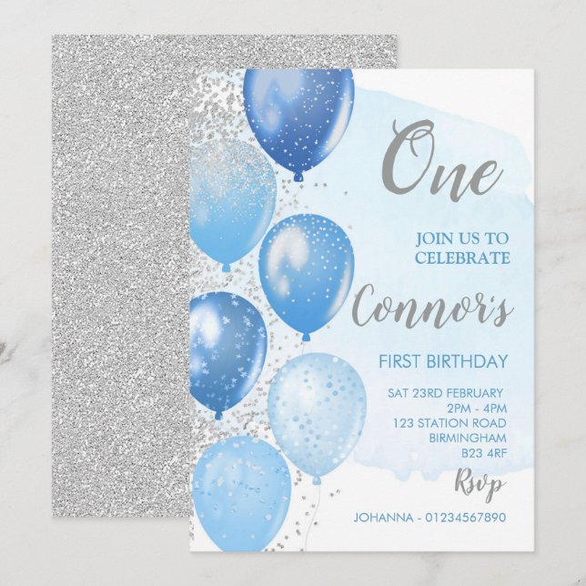Blue and Silver First Birthday Invitation (Front/Back)